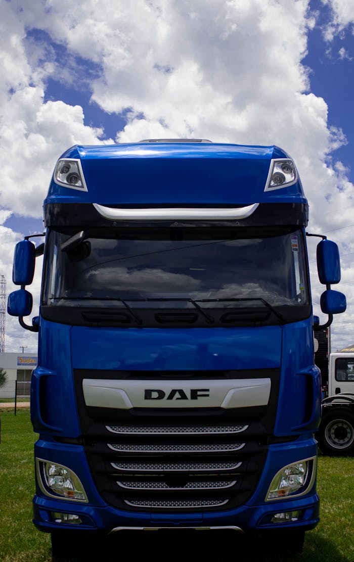 portfolio-02 Front view of a striking blue DAF XF semi-truck parked on green grass under a cloudy sky.